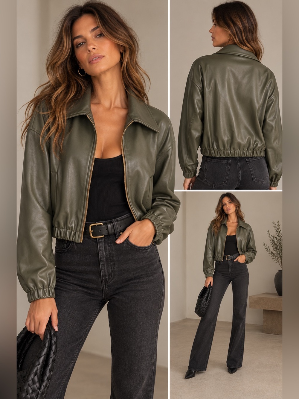 REURNAL Cropped Leather Bomber Jacket Oversized Bubble Blouson Khaki Olive Green